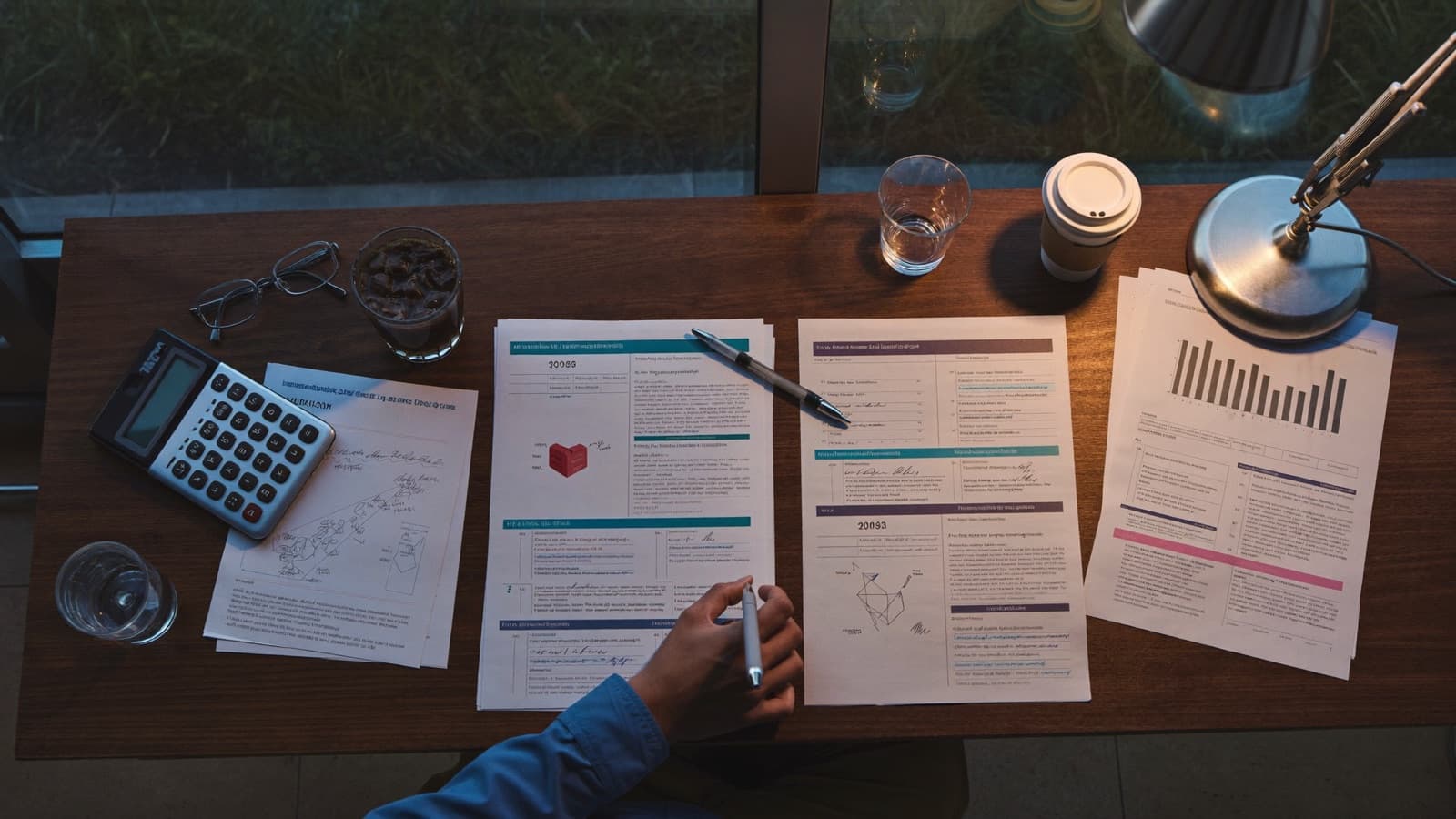 Overhead view of a broker's desk with serviceability worksheets, a calculator and a hand annotating figures.