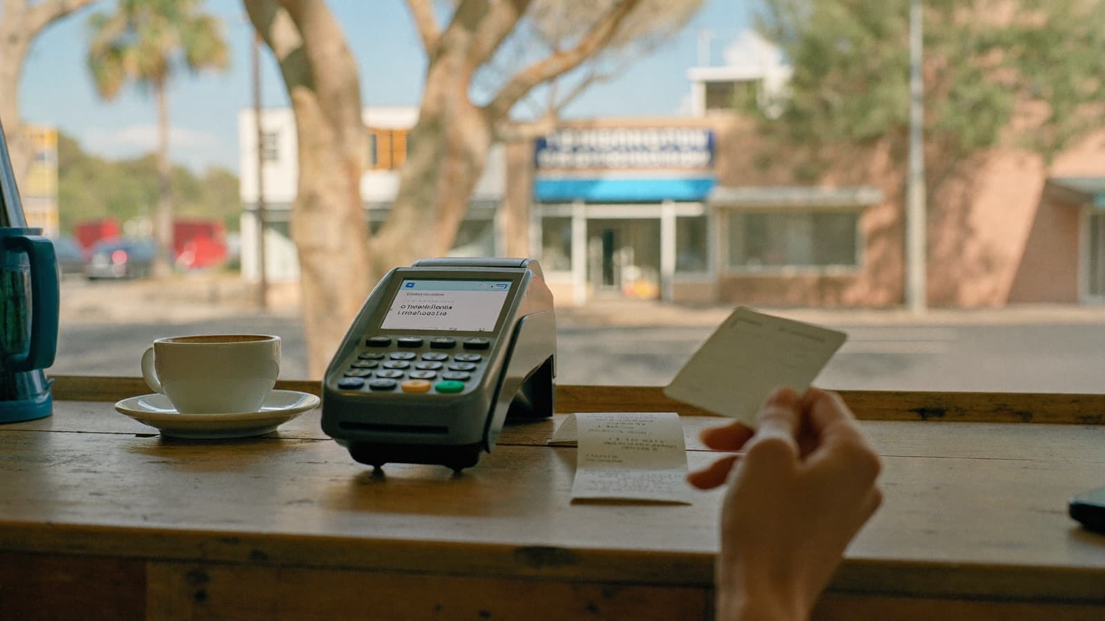 A contactless card terminal on a timber cafe counter beside a flat white and a folded paper receipt, a customer's hand holding a plain card nearby, morning light coming through the shopfront window.
