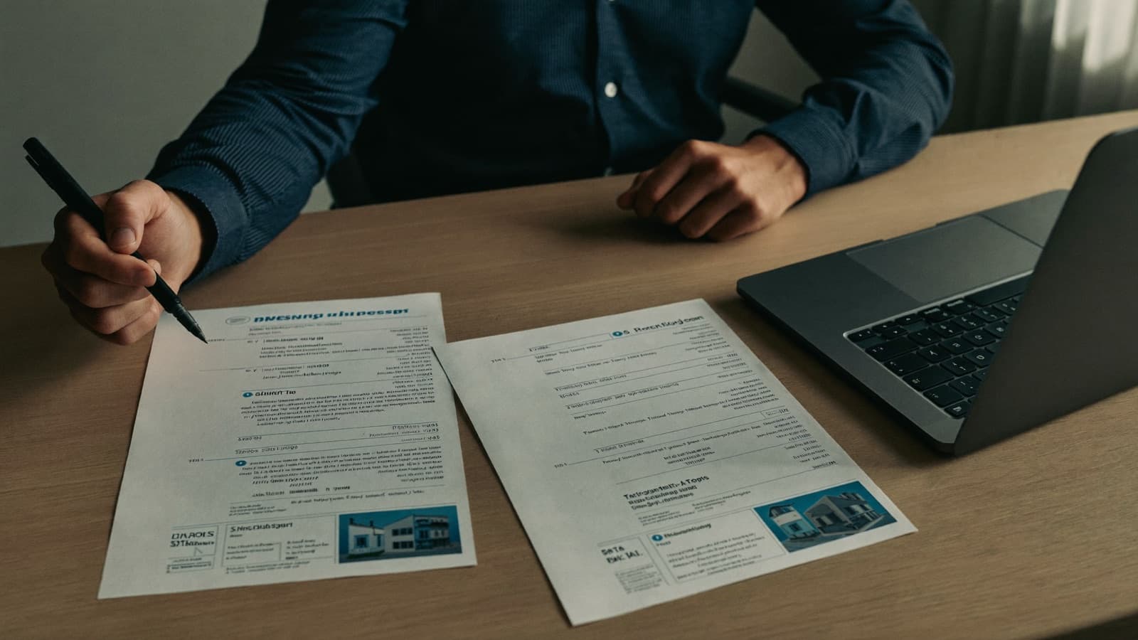 A property investor at a kitchen table reviewing loan security schedules and mortgage documents spread across the surface, a laptop open beside a coffee.