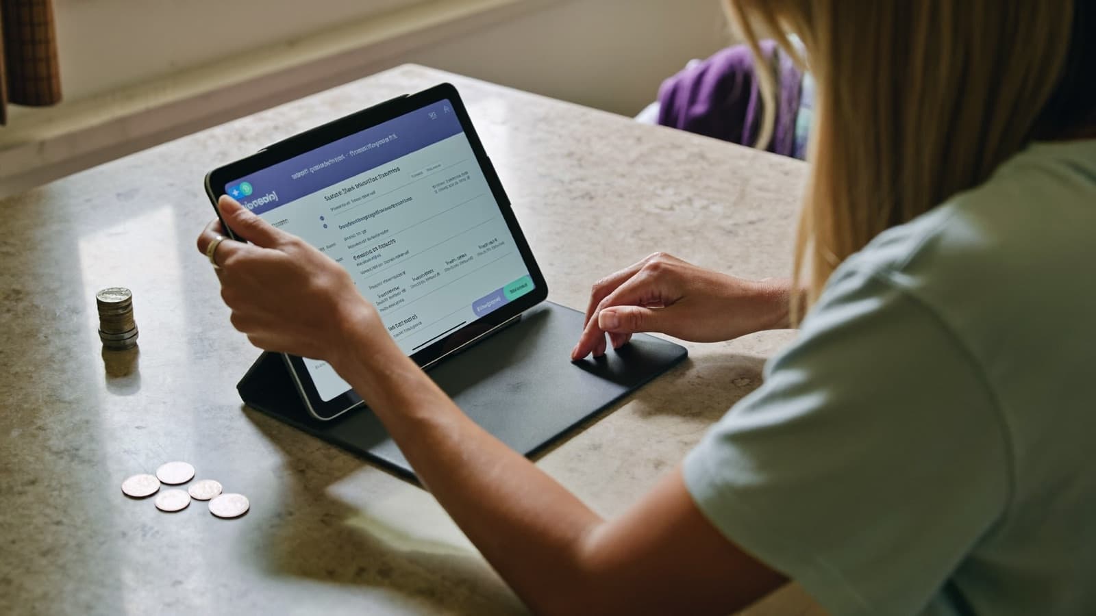 A young saver at a kitchen table scrolling a super fund statement on a laptop, a coffee and a printed contribution notice beside the keyboard on a weekday morning.