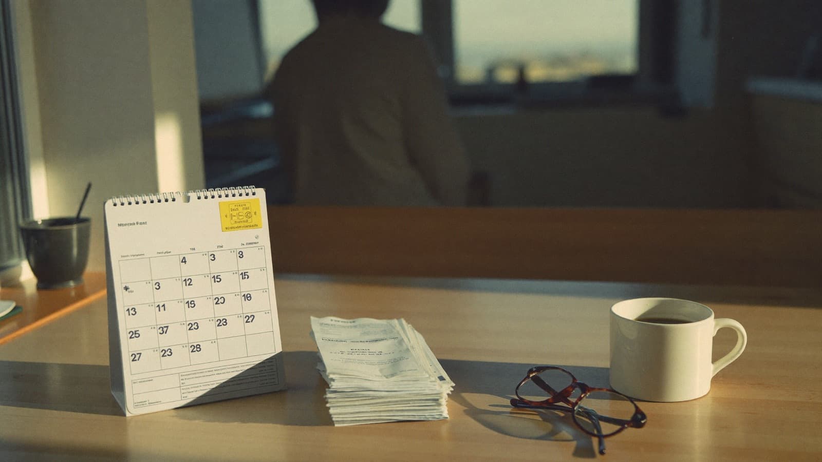 A fresh July calendar page, payslips and a superannuation statement laid out on a kitchen table in morning light.