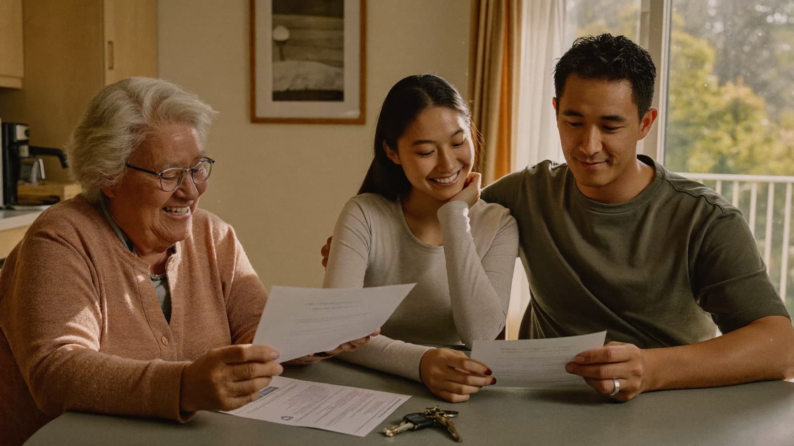 Three generations of a family seated around a kitchen table with a loan contract, calculator and a set of house keys spread across the surface on a winter morning.