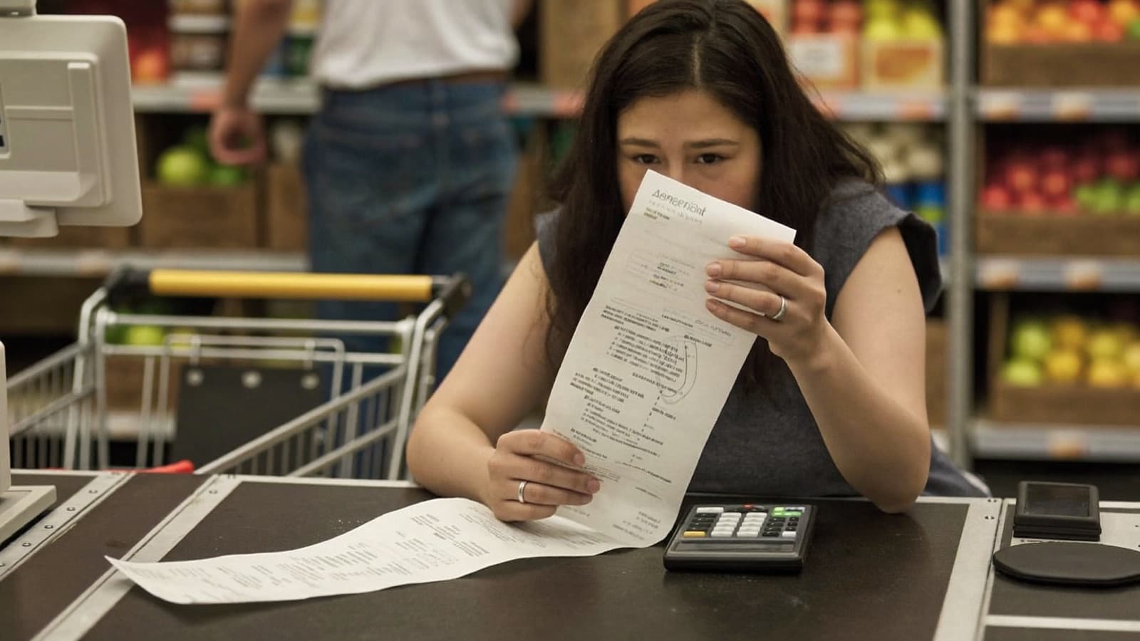 A woman at a supermarket checkout studying a long receipt, groceries in the trolley beside her.