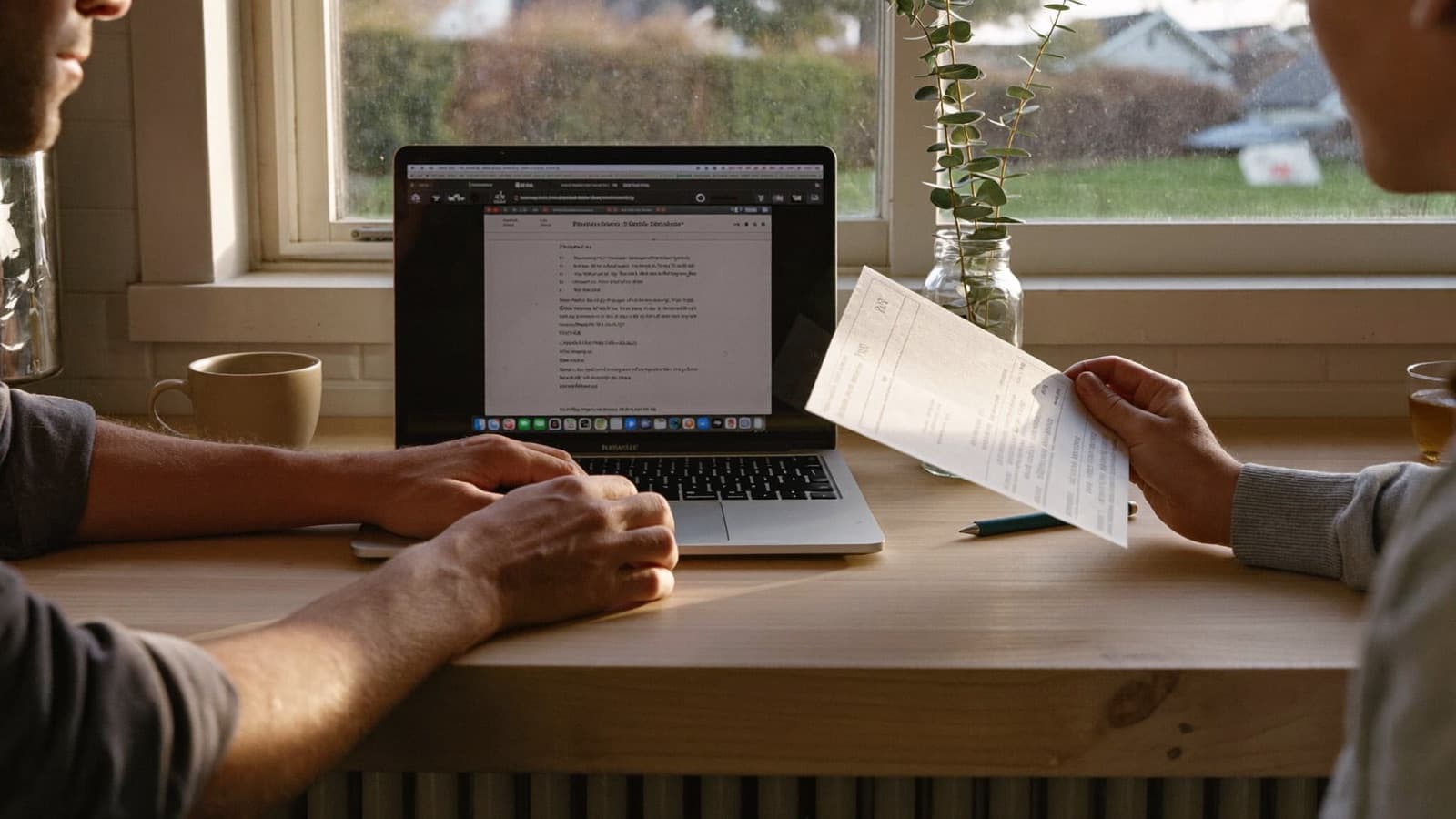 A couple's hands on a kitchen bench beside a laptop and a printed loan statement, late afternoon light through a window of a suburban Australian home.