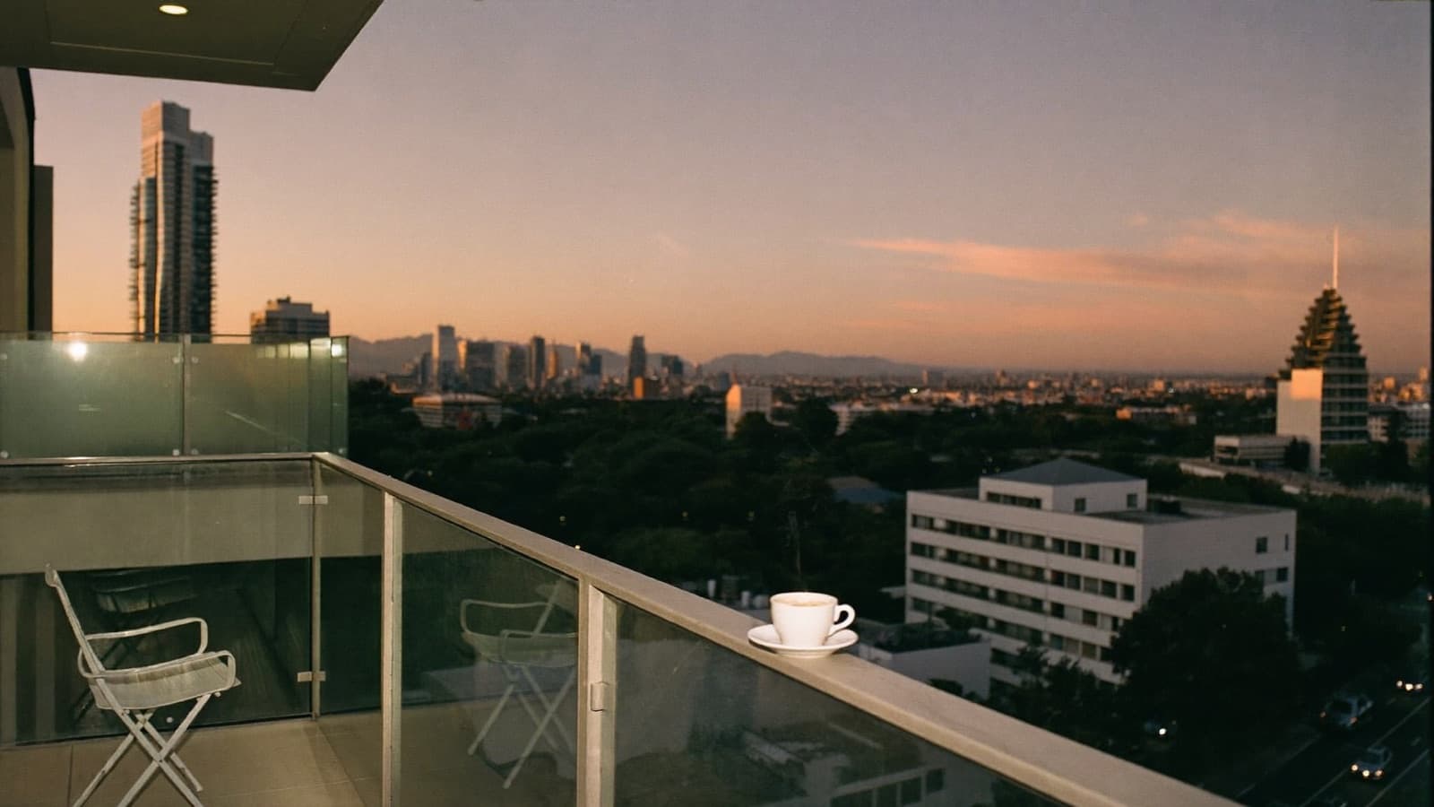 Apartment balcony overlooking a city skyline at dusk, with rooftops and high-rise towers in the distance.