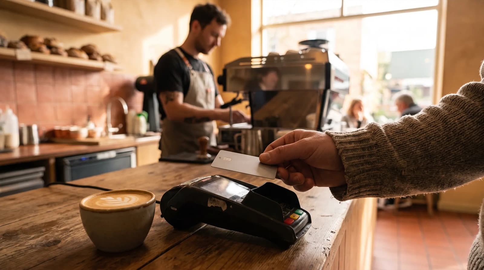 A hand tapping a card on a payment terminal at an Australian cafe counter in the morning, a flat white beside it.