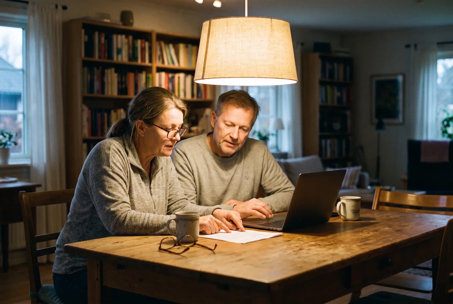 A couple comparing their home loan on a laptop at the dining table