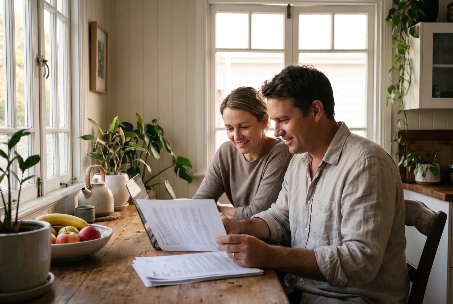 A couple reading through their loan papers at the kitchen bench