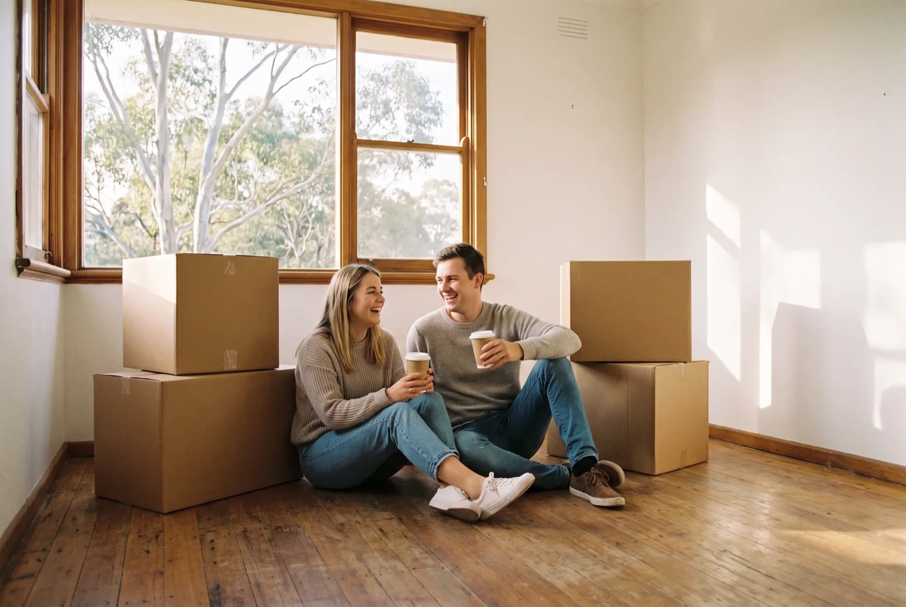 A young couple sitting among moving boxes in their new home