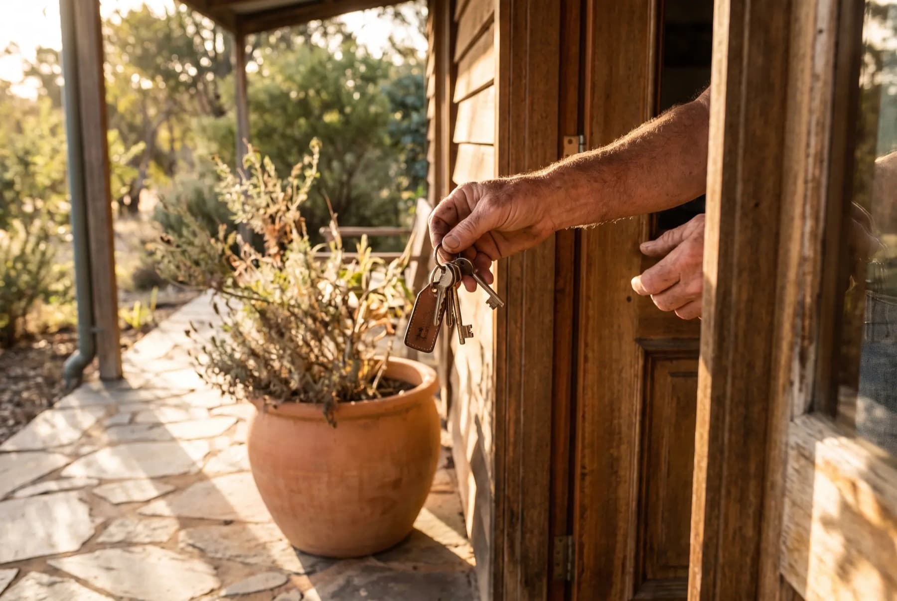 A hand holding house keys at the timber front door of an Australian home.