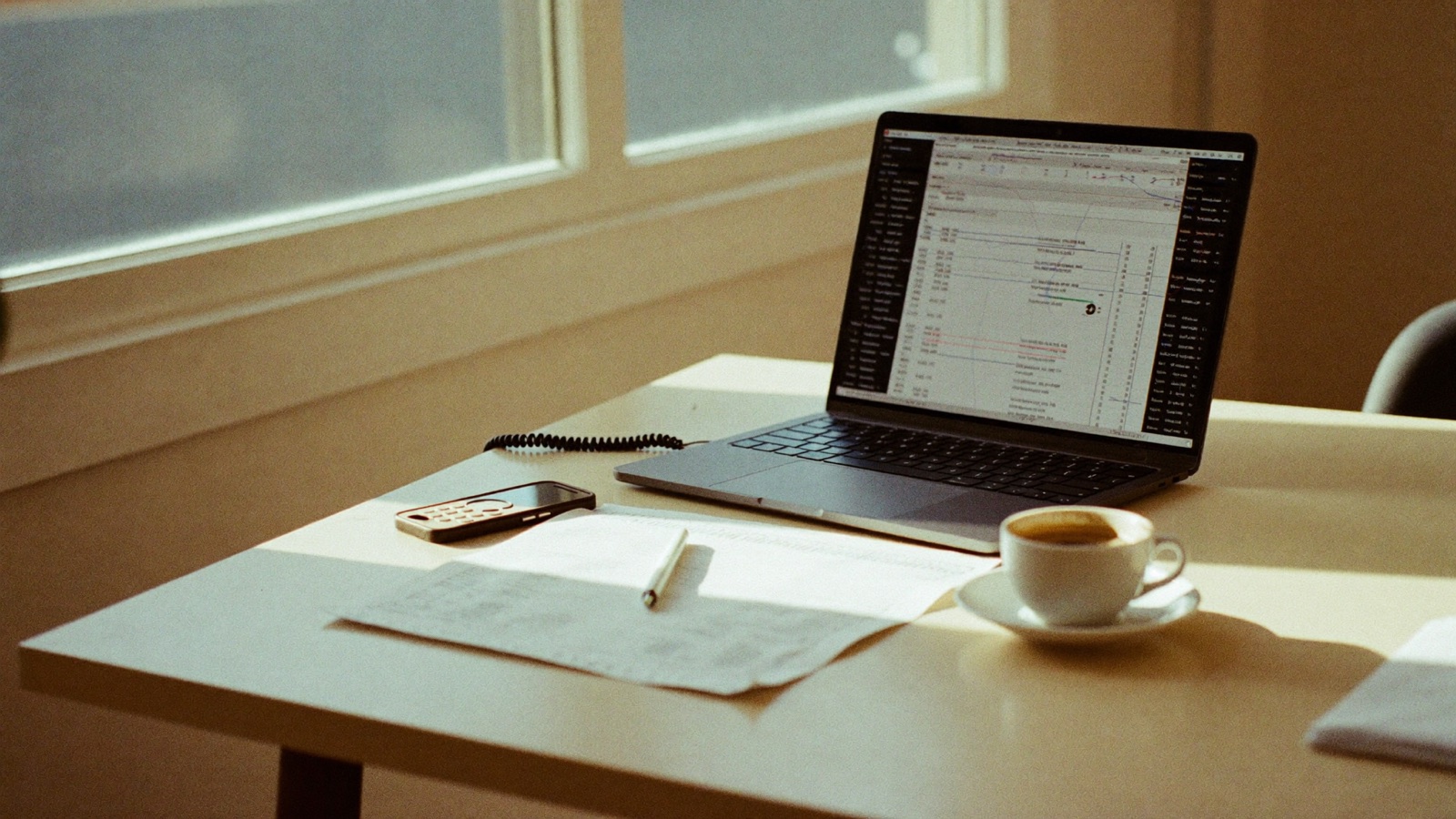 A mortgage broker's desk in the early morning: laptop, phone, a printed settlement schedule and a coffee, soft window light.